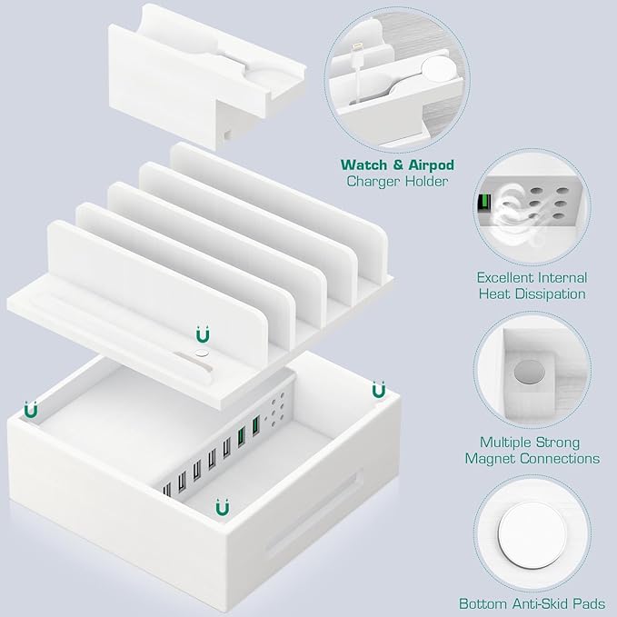 Bamboo Charging Station for Multiple Devices - Darfoo Family Charging Station with 7 USB Ports and 1 Stand for Watch-Earbud, 7 Short Charging Cables, White