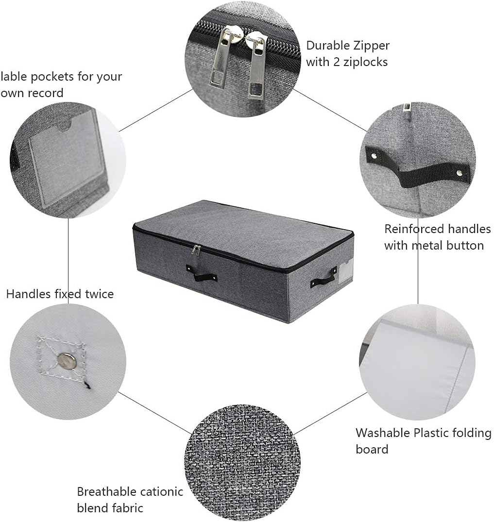 AMJ Foldable Under Bed Storage Basket Container [2 Pack] with Durable Fabric for Clothes, Shoes,Toys, Blanket, Comforter Organizers Bins, Black Grey