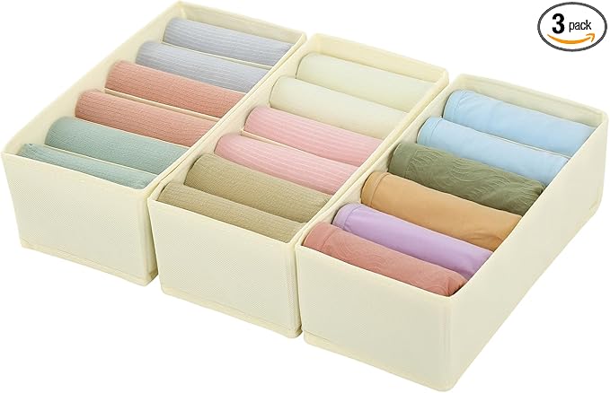 Qozary 3 Pack Sock Underwear Drawer Organizer Dividers, Non-Woven Fabric Collapsible Cabinet Closet Storage Boxes for Clothes, Socks, Lingerie, Underwear, Tie, Belt, Baby, Bedroom (Beige, 6 Cells)
