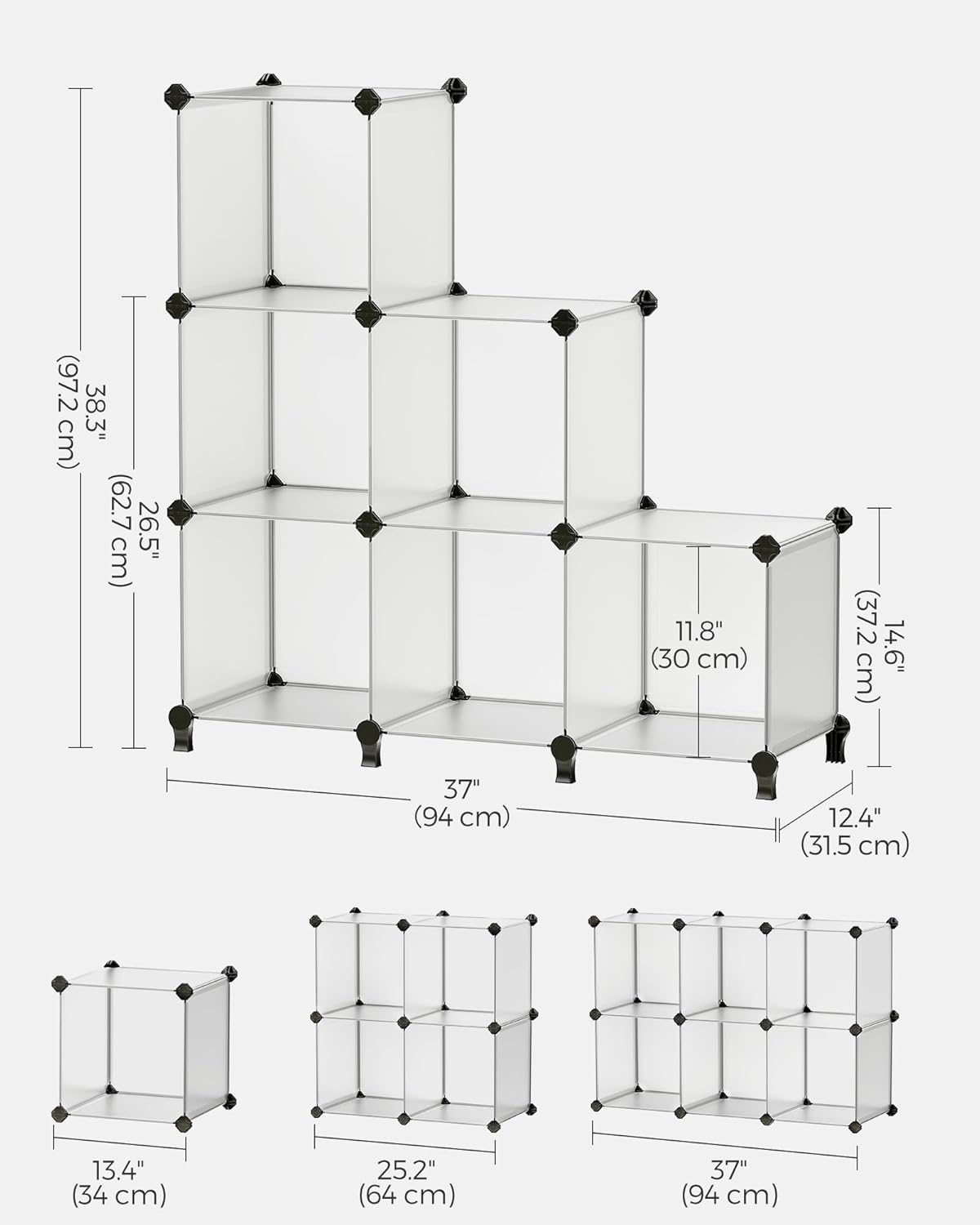 SONGMICS 6 Cube Storage Organizer, DIY Closet Shelf, Plastic Clothes Organizer, Modular Bookcase, 11.8 x 11.8 x 11.8 Inch Cubes, with Feet and Rubber Mallet, White ULPC06W