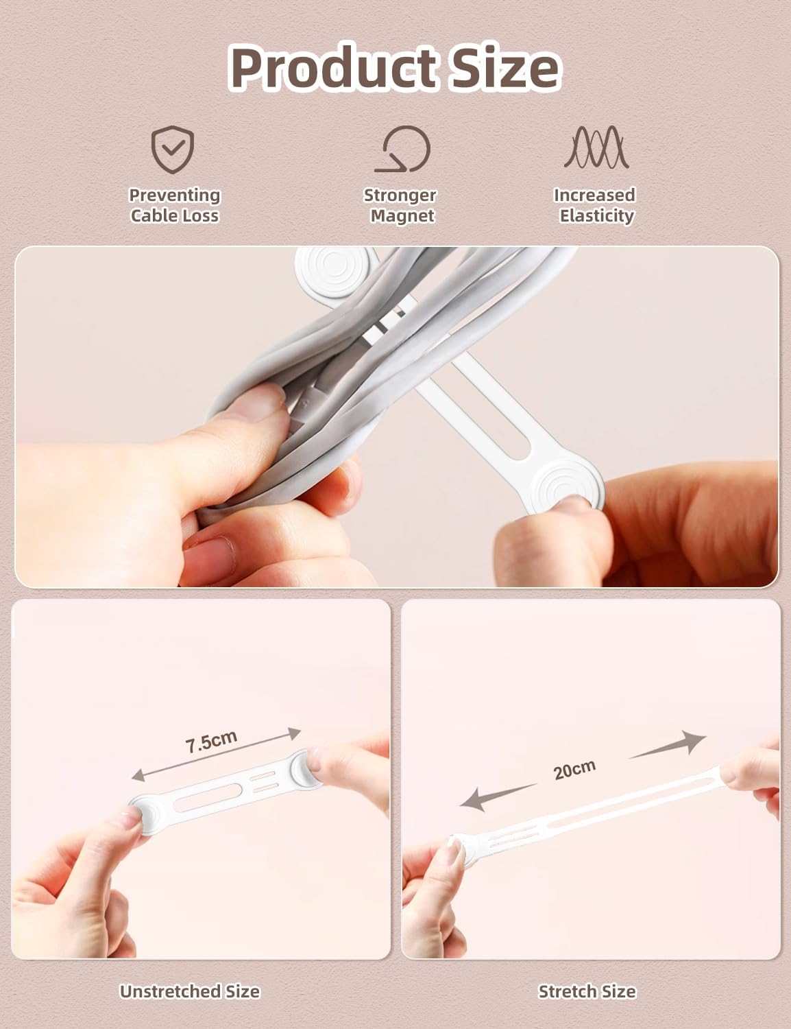 Magnetic Cord Ties Organizers, Kanemc Silicone Cable Tie Cord Wrap Reusable Twist Ties Wire Strap For Charging Cables Headphones USB Type C Cable Small Cords (8-Pack, White)