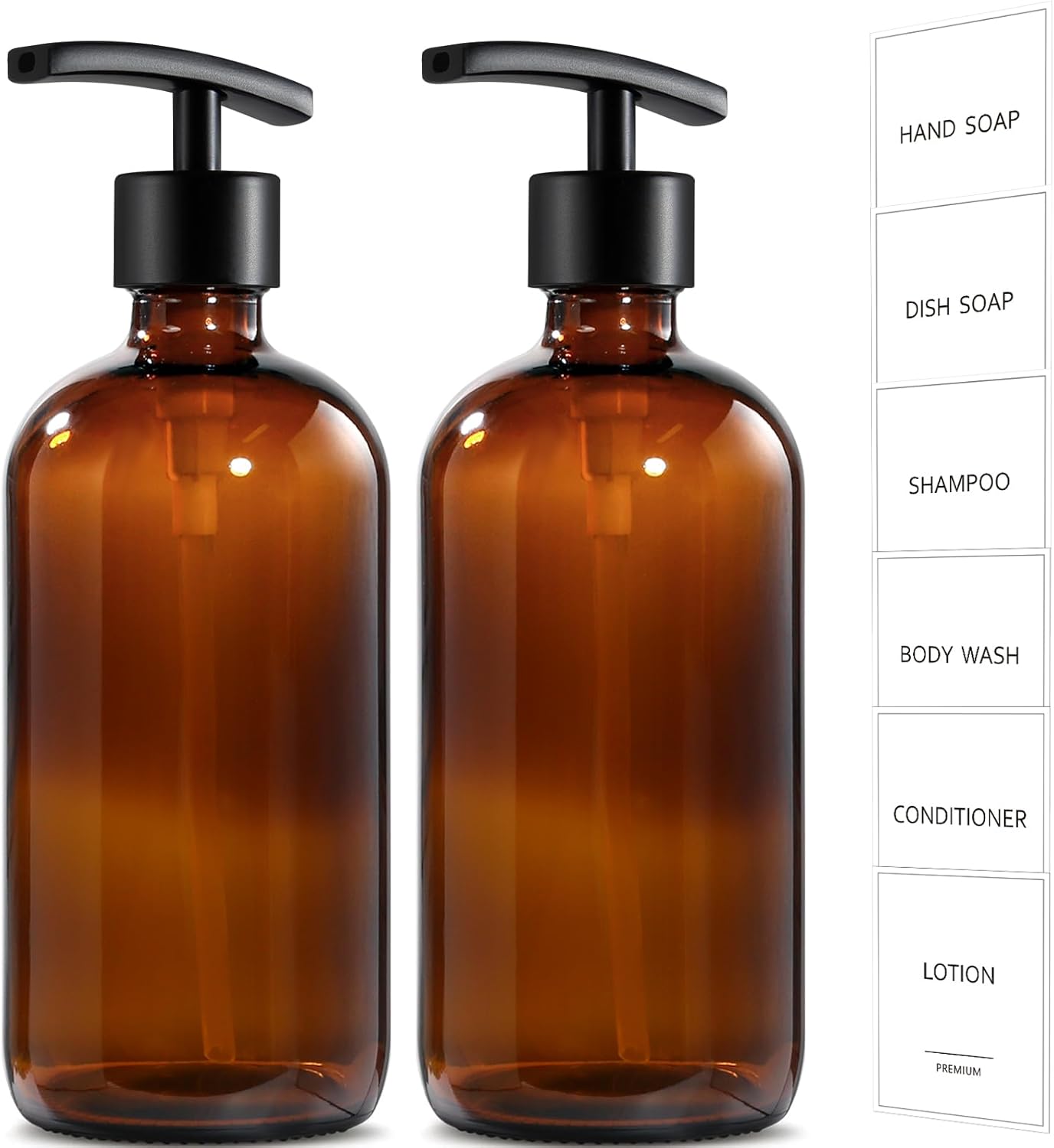 GMISUN Amber Glass Soap Dispenser, 2 Pack Bathroom Hand Soap Dispensers with Stainless Steel Pump, 17 Fl Oz Kitchen Hand and Dish Soap Dispenser Set, Modern Vintage Liquid Brown Soap Dispensers Bottle