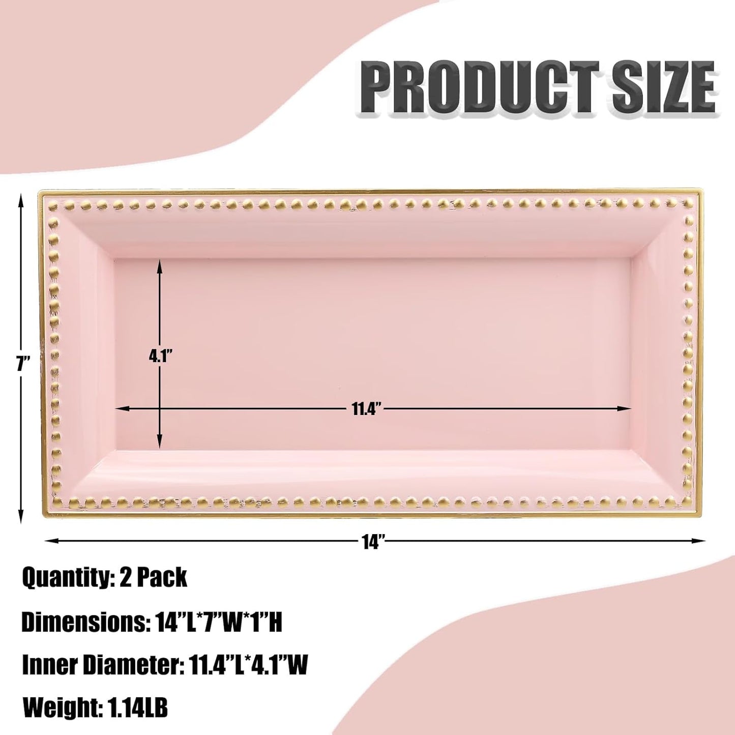 2 Pack Pink Bathroom Vanity Tray for Countertop with Beads, Small Plastic Toilet Tank Versatile Storage Organization Tray for Makeup, Perfume, Desk, Kitchen, Candles, 14"x7"x1", 36P