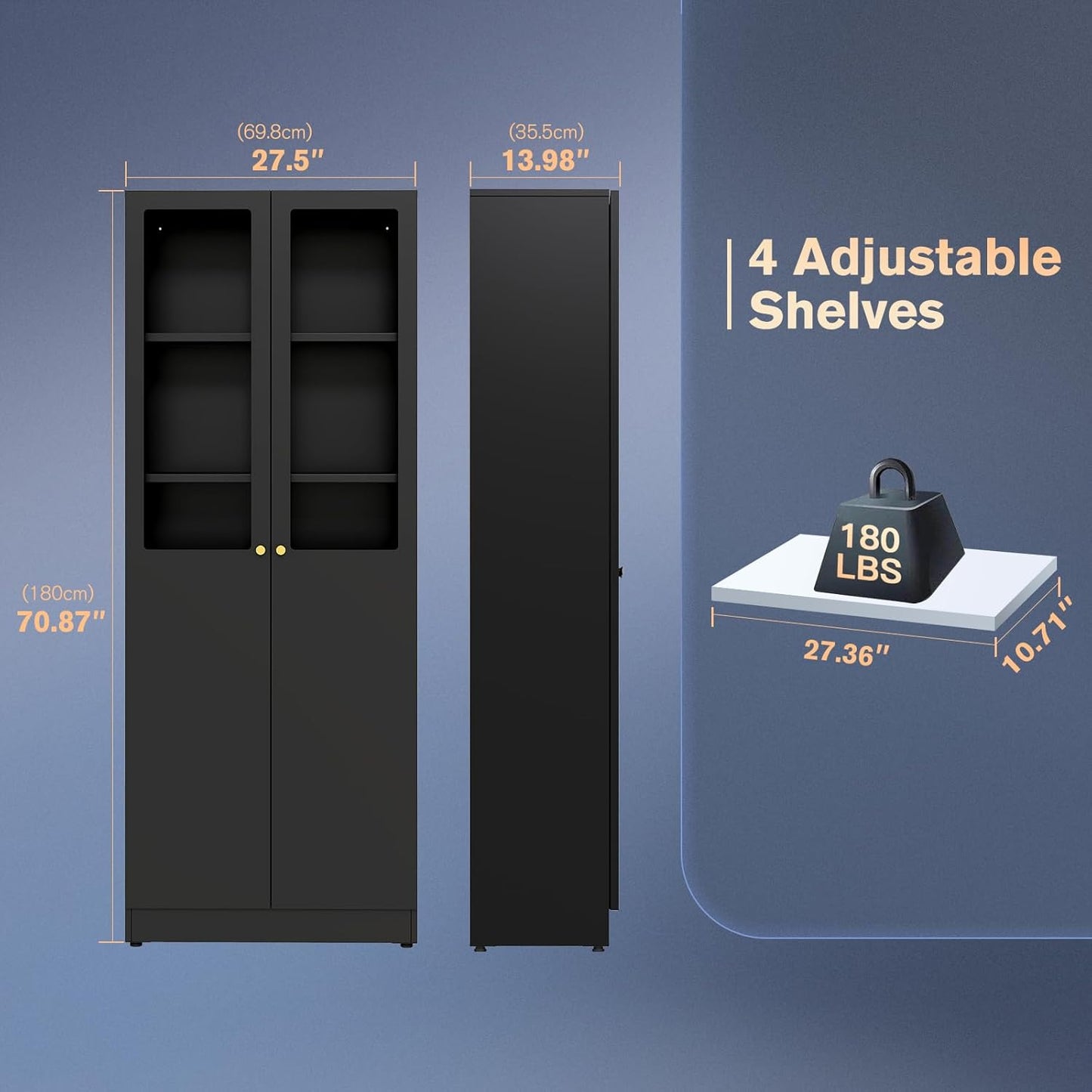 5 Tier Metal Curio Cabinets, Modern Bookshelf Cabinet with 4 Adjustable Shelves, Cabinet Display Case for Home Office, Living Room, Pantry (Black-27.5W-Metal Door)