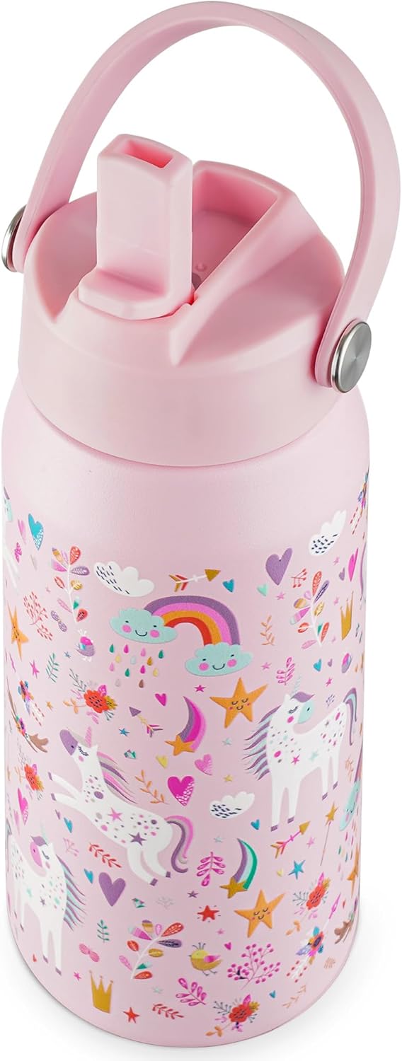 OLDLEY kids Water Bottle - 18oz Insulated Stainless Steel - Wide Straw Lid, Non Spill, Leakproof, Kids Water Bottle for School,Unicorn