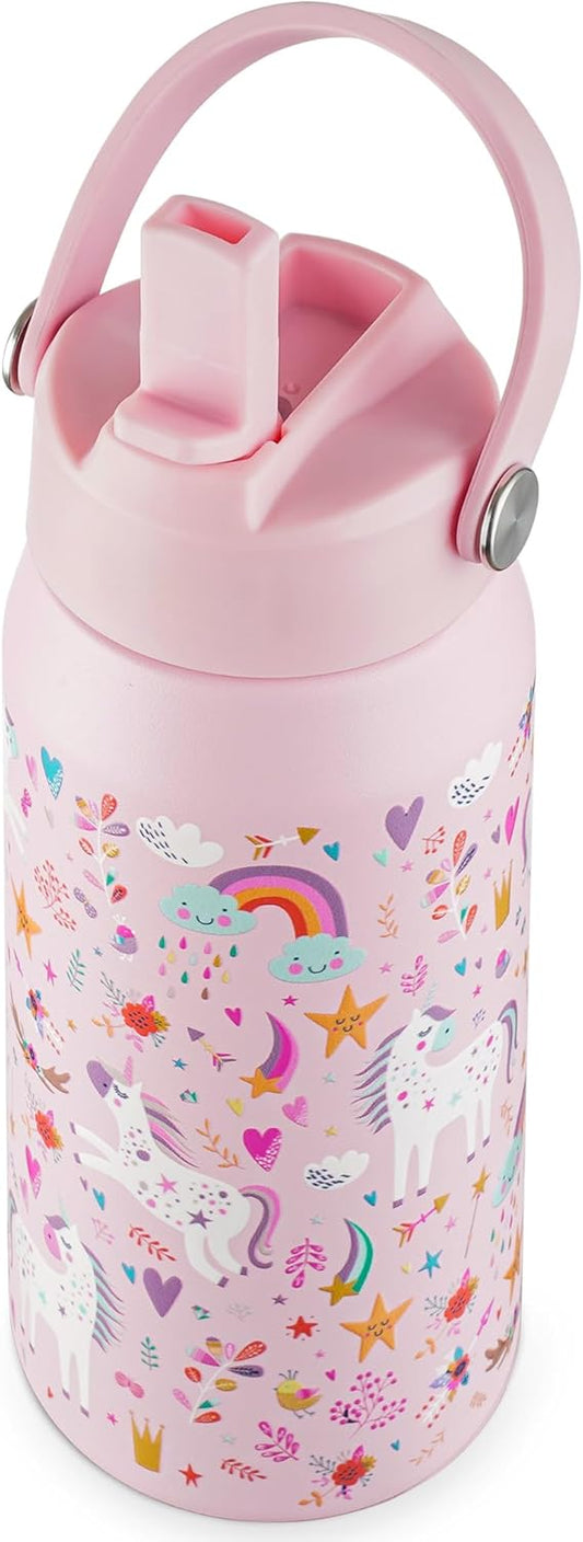OLDLEY kids Water Bottle - 18oz Insulated Stainless Steel - Wide Straw Lid, Non Spill, Leakproof, Kids Water Bottle for School,Unicorn