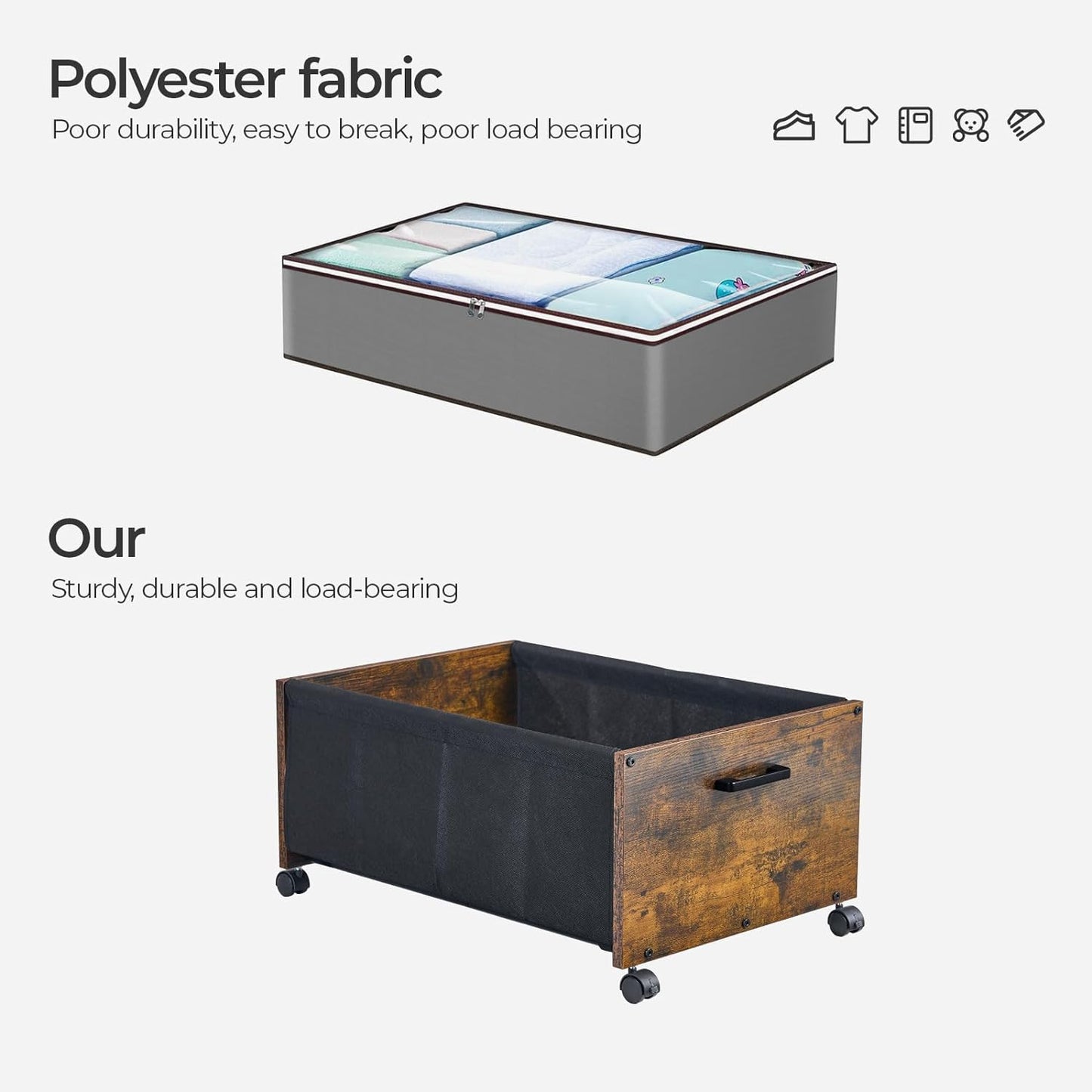 Under Bed Storage with Wheels, Wooden Under Bed Drawers On Wheels, Rolling Under Bed Shoe Storage, Space Saving, Rustic Brown,70L