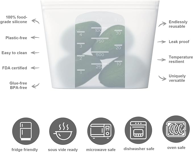 Reusable Silicone Food Storage Bag, for Microwave, Oven, Fridge, Freezer & Sous Vide Zip Sealed Containers (2 Middle size 32oz 1000ml)…