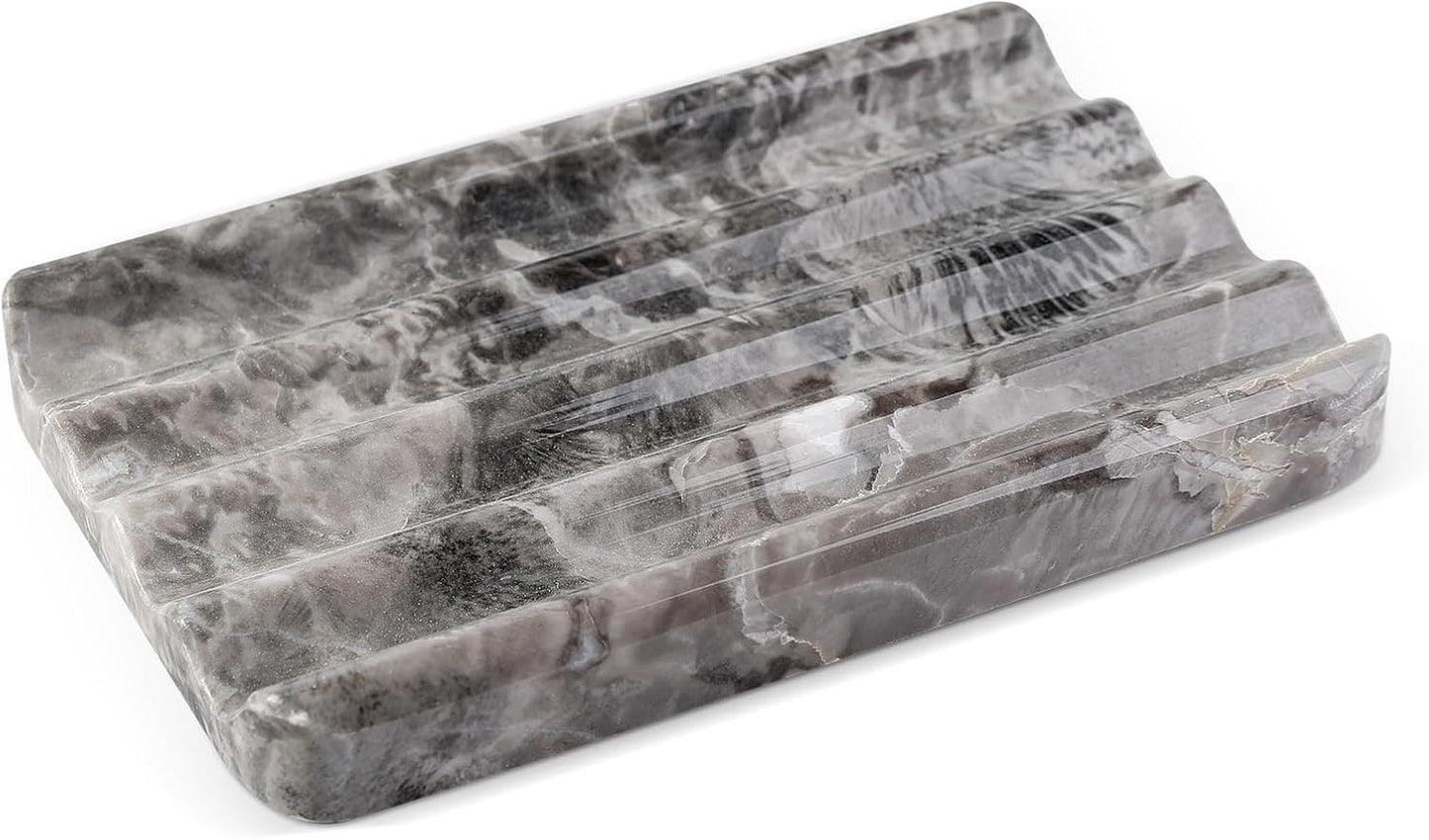 Marble Soap Dish, Bar Soap Holder Shower, Brown Soaps Saver with Water Ripple Design, Easy Cleaning Stone Sponge Holder for Kitchen Sink，Bathroom, Executive Natural Stone Soap Tray