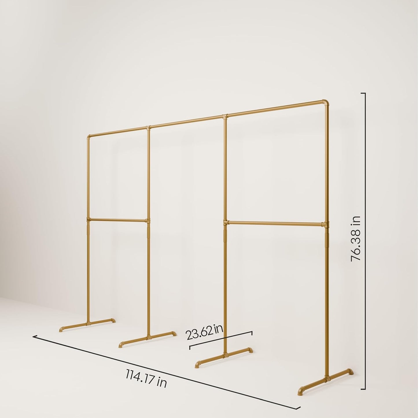 pamo Gold Clothing Rack – 114.17" W x 76.38" H – Industrial Pipe Metal Garment Organizer for Bedroom or Retail – Heavy-Duty Clothes Rack – Easy Assembly