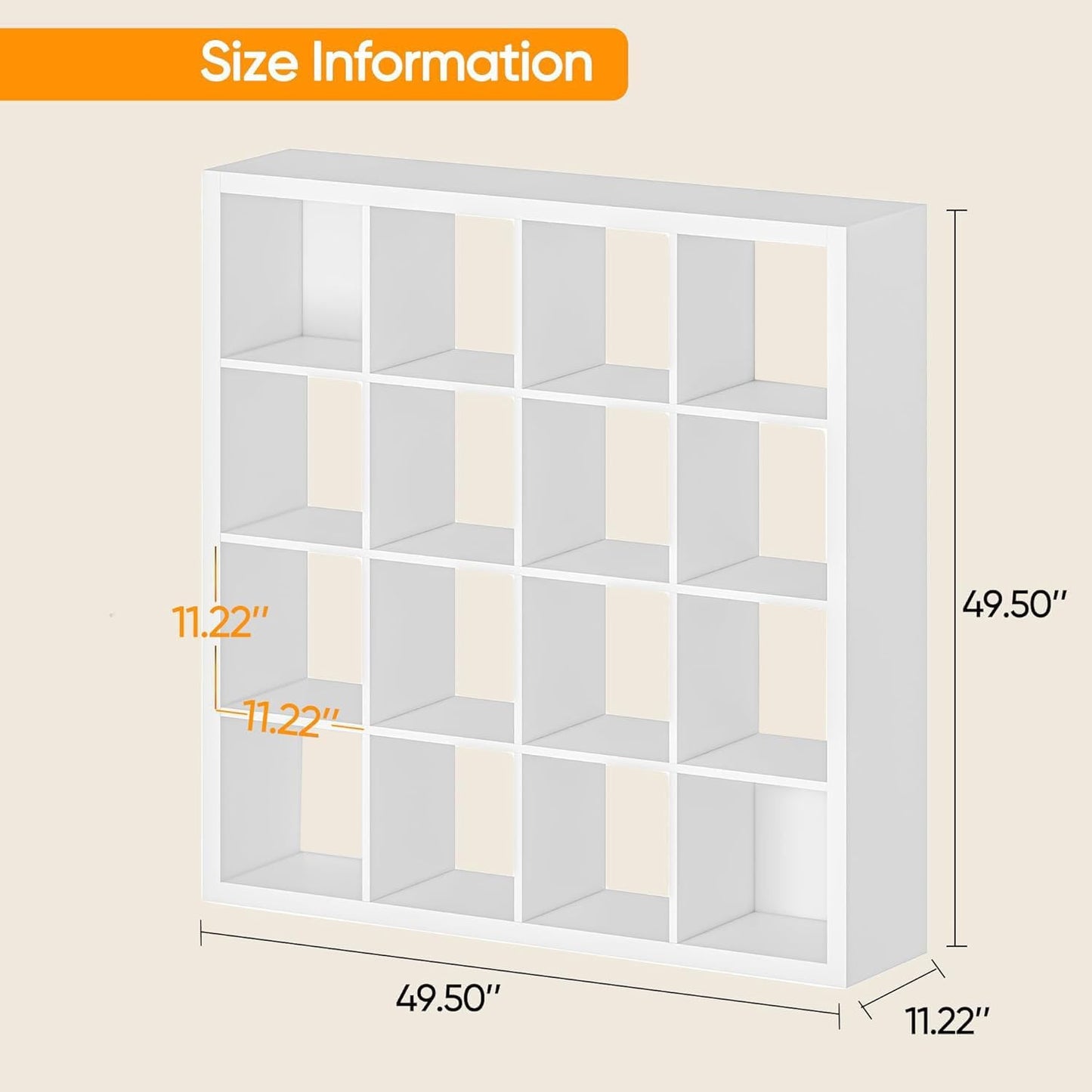 furtble Bookshelf with Storage Bins, 16-Cube Storage Organizer with Back Panels, Modern Wood Open Bookcase, Multifunctional Display Shelf for Living Room, Bedroom, Home Office, White