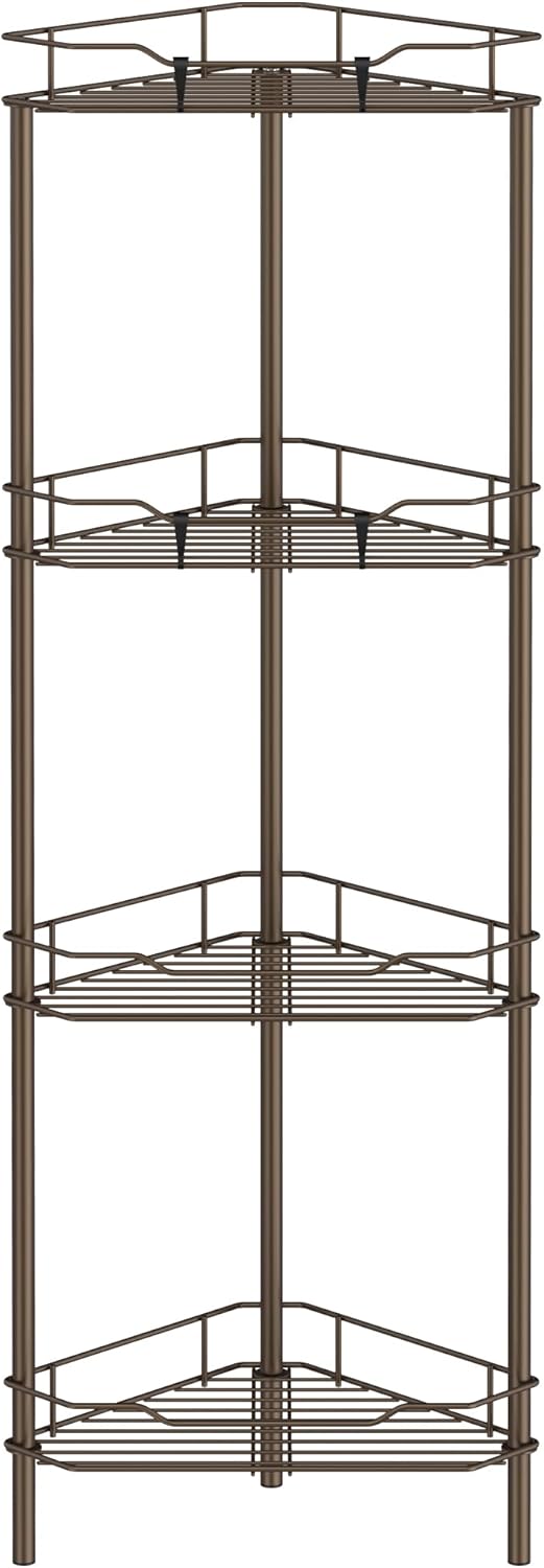 4 Tier Floor Standing Corner Shower Caddy Organizer Shelf with Hooks, Bathroom Shelves Stand Rack, Bronze