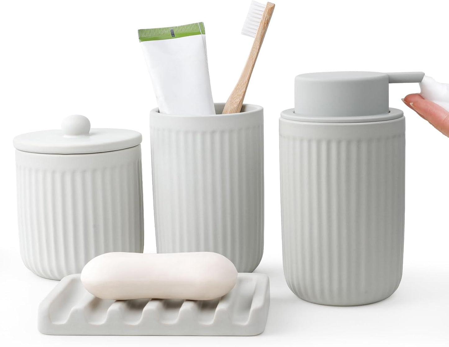 BosilunLife Light Grey Bathroom Accessories Set - Ceramic Bathroom Counter Soap Set Bathroom Decor Sets Accessories Bathroom Foam Soap Dispenser and Toothbrush Holder Set, Soap Dish, Apothecary Jars