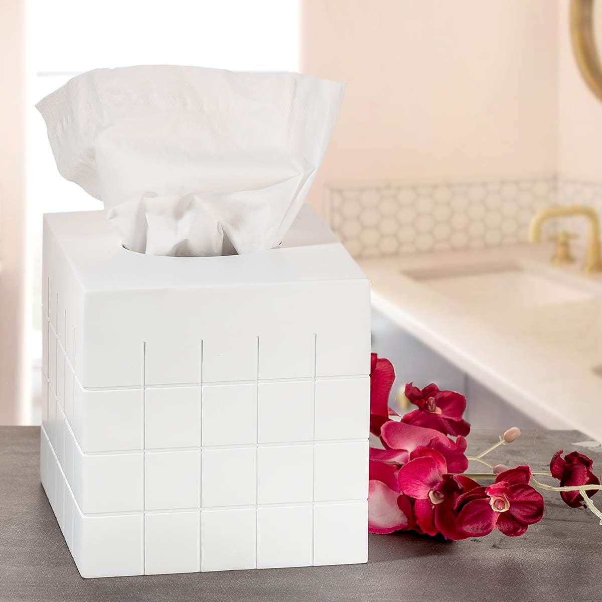 Creative Scents Polar White Tissue Box Cover Square – Decorative Tissue Holder for Bathroom, Tissue Box Holder with Wide Opening - White Bathroom Accessories