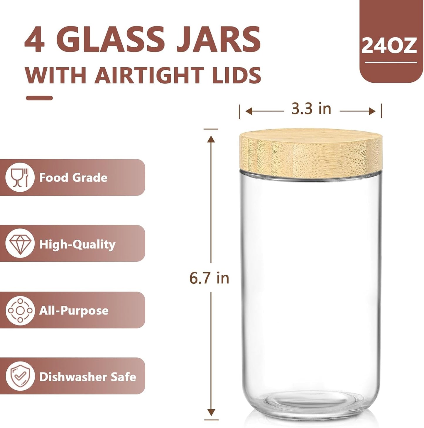 DRKIO 24 Oz Overnight Oats Containers with Bamboo Lids - 4 Pack Glass Storage Jars with Airtight Lids Wide Mouth Mason Food Jars Great for Meal Prep Salad Chia Pudding Snacks Yogurt Sugar Spice