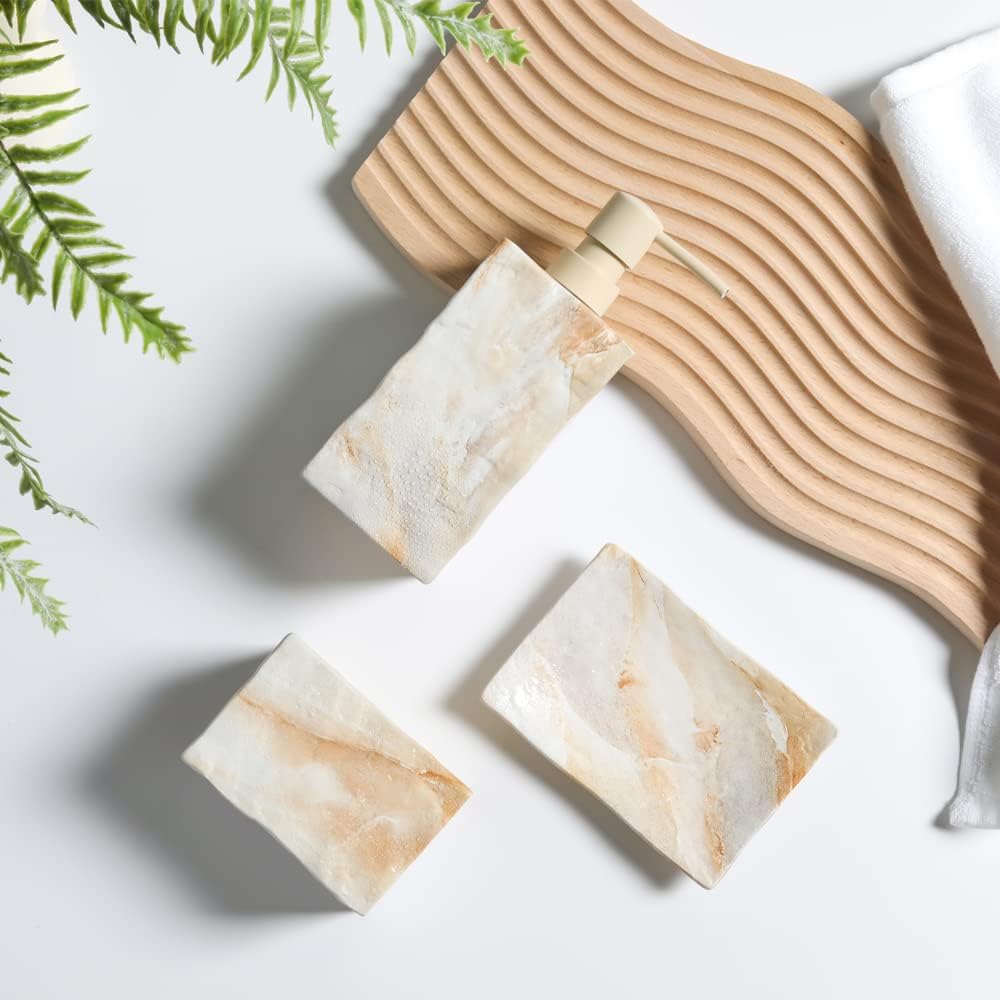 Bathroom Accessories Set 4 Pcs Marble Look Sets Toothbrush Holder Soap Dispenser Counter Top Ceramic Bathroom Decor Set Beige