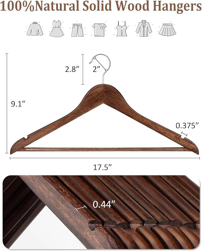 AMKUFO Wooden Hangers 20 Pack Wood Suit Hanger Non Slip Coat Hangers with Smooth Fnish Cut Notches 360° Swivel Hook Clothes Hangers for Jeans Pants Jackets Shirts Dresses, Walnut