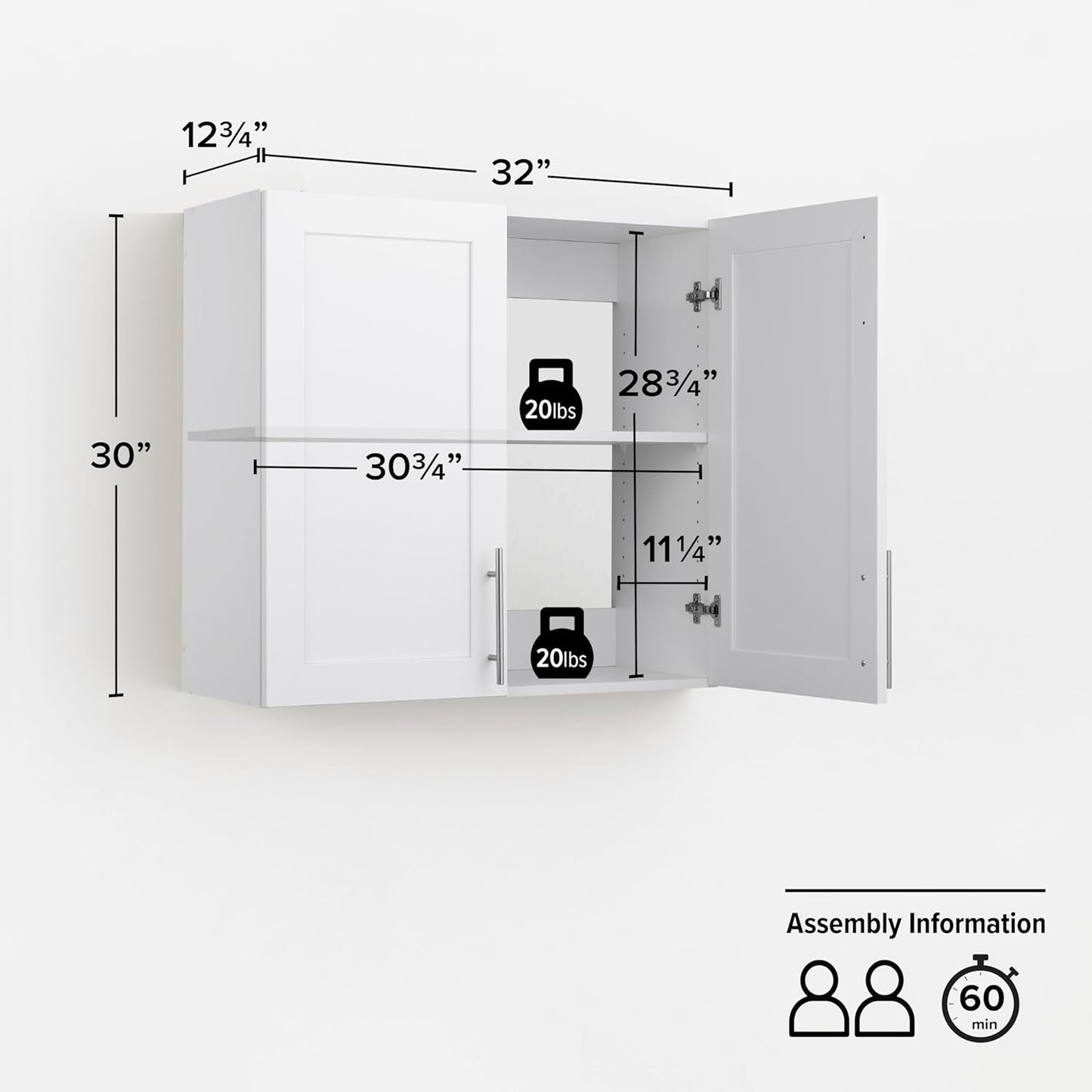 Prepac Elite 32'' Bathroom Wall Cabinet with Panel Doors, Wood Kitchen Pantry Cabinet, Wall Hanging Laundry Room Cupboard with 1 Adjustable Shelf for Kitchen, Laundry Room and Bathroom, White