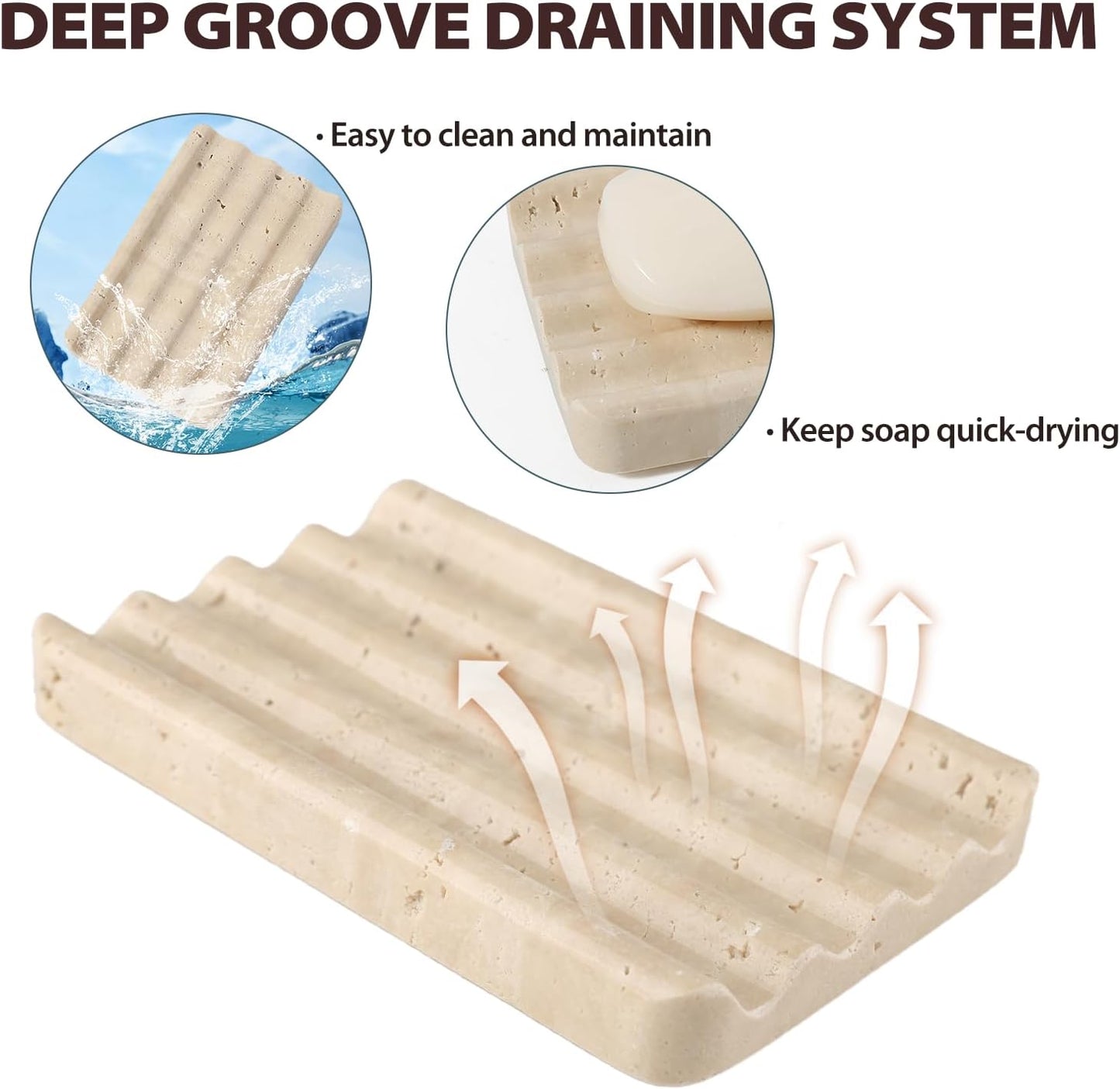 Koville Natural Travertine Soap Dish for Bathroom Shower, Marble Soap Tray Travertine Dish for Bathroom, Stone Soap Tray for Sink, Stripe Grooves Soap Saver Keep Soap Bars Dry Easy Clean