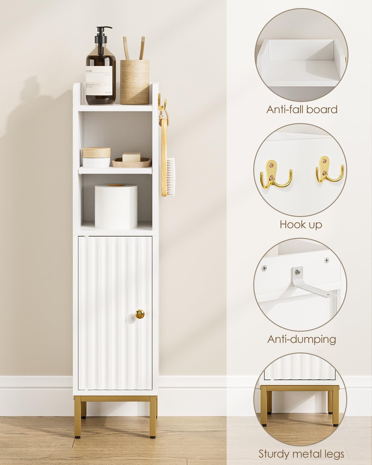 Bathroom Storage Cabinet, Small Corner Floor Hutch with Door and Shelves, Narrow Toilet Paper Cabinet, Bathroom Organizer with 2-Tier Adjustable Shelf for Small Spaces,White