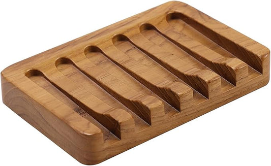 Soap Dish with Slanted Waterfall Design by HTB, Bar Soap Holder Teak Wood, Soap Saver for Shower, Bathroom, Sink, Kitchen and Countertop