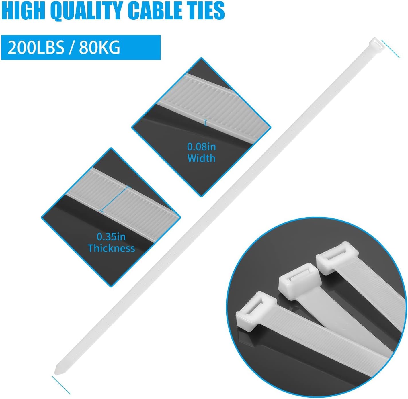 14 inch White Zip Ties Heavy Duty 100 PACK, 200 LBS Ultra Exclusive Strong Plastic Wire Ties, Large Cable Ties Extra Long Tie Wraps, Indoor and Outdoor UV Resistant