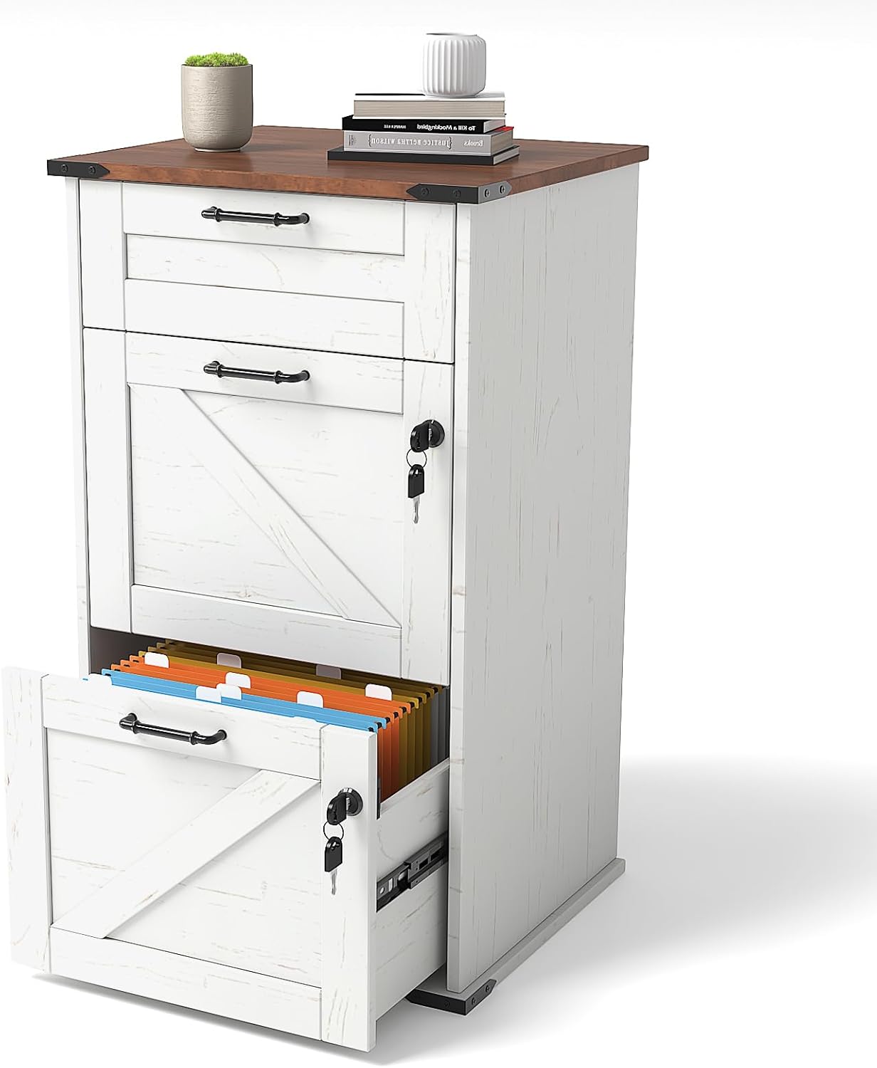 VINGLI 3 Drawer File Cabinet with Lock, Home Office Filing Organizer, for Letter Size File Folder Storage, Modern Farmhouse Style, Wood Vertical Filing Cabinet, Archivador (Rustic White & Brown)
