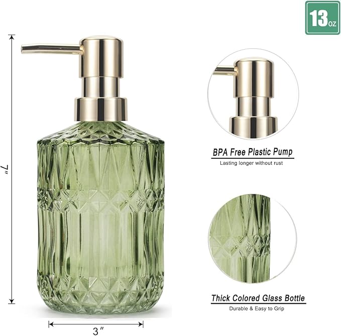 Glass Soap Dispenser 12oz/390ml for Bathroom Kitchen - Hand Soap/Lotion Dispenser with ABS Plastic Pump (Green)
