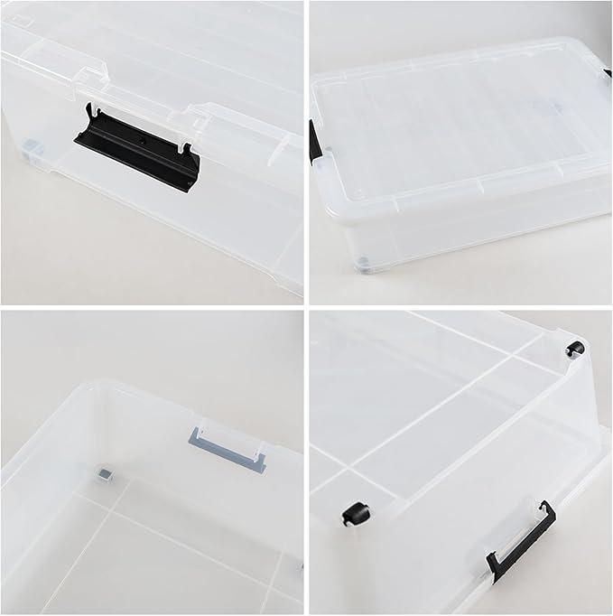 Gloreen 3 Pack Large Under Bed Storage Boxes with Wheels, 50 Quart Clear Plastic Lidded Storage Bins