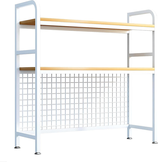 Desk Shelf Organizer with Metal Grid, 2-Tier Desktop Bookshelf, Rustic Wood & Metal Desk Hutch for Home Office and Dorm (White, 37.4" L × 7.9" W × 38.6" H)