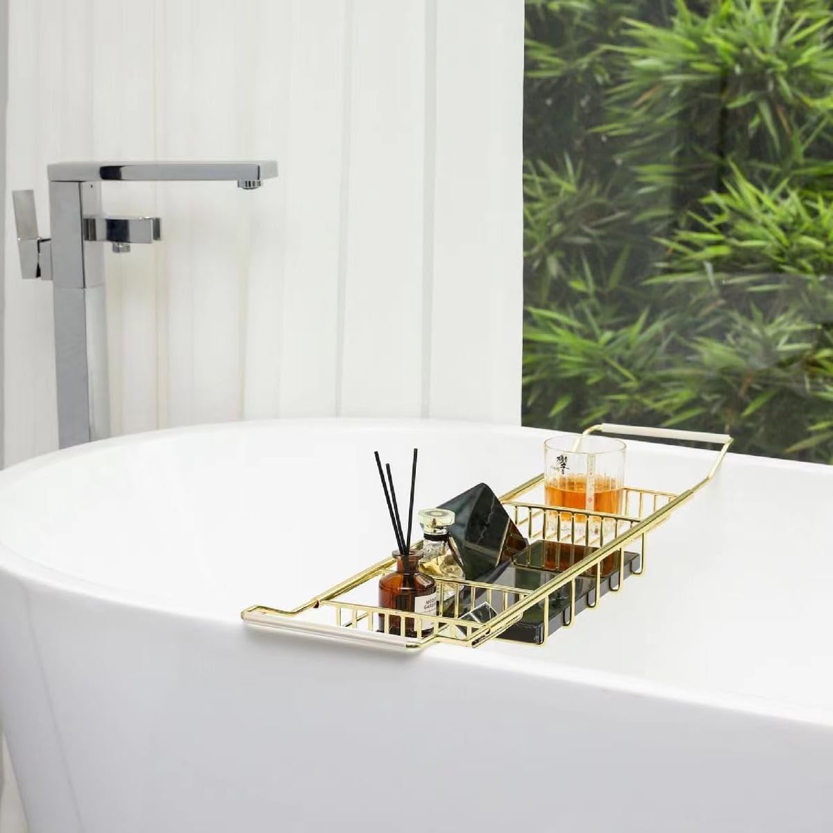 Stainless Steel Expandable Shower Bathtub Tray Over Tub Bath Caddy Expandable Bath Caddy for The Elegant Tub Chrome Polished (Gold)