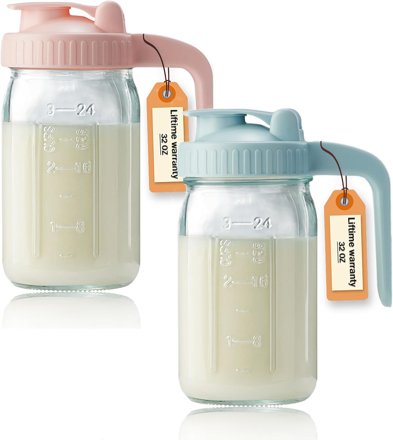 2 Pack 32oz Glass Pitcher with Lid & V-shaped Pour Spout - 1 Quart Double Leak Proof, Creamer Container for Sun Tea, Juice, Cold Brew Coffee, Breastmilk Storage Container