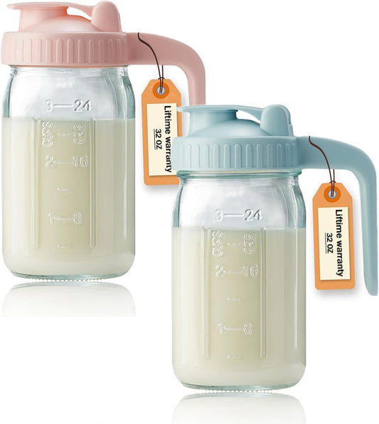 2 Pack 32oz Glass Pitcher with Lid & V-shaped Pour Spout - 1 Quart Double Leak Proof, Creamer Container for Sun Tea, Juice, Cold Brew Coffee, Breastmilk Storage Container