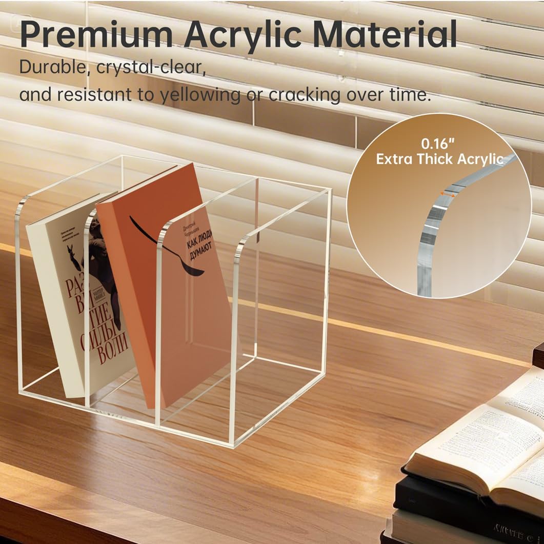 Acrylic Desk Organizer Book Organizer, Magazine File Holder, Vertical File Organizer Stand File Folder Holder, Mail Organizer Countertop Mail Sorter File Sorter, Clear Book Ends Book Holder