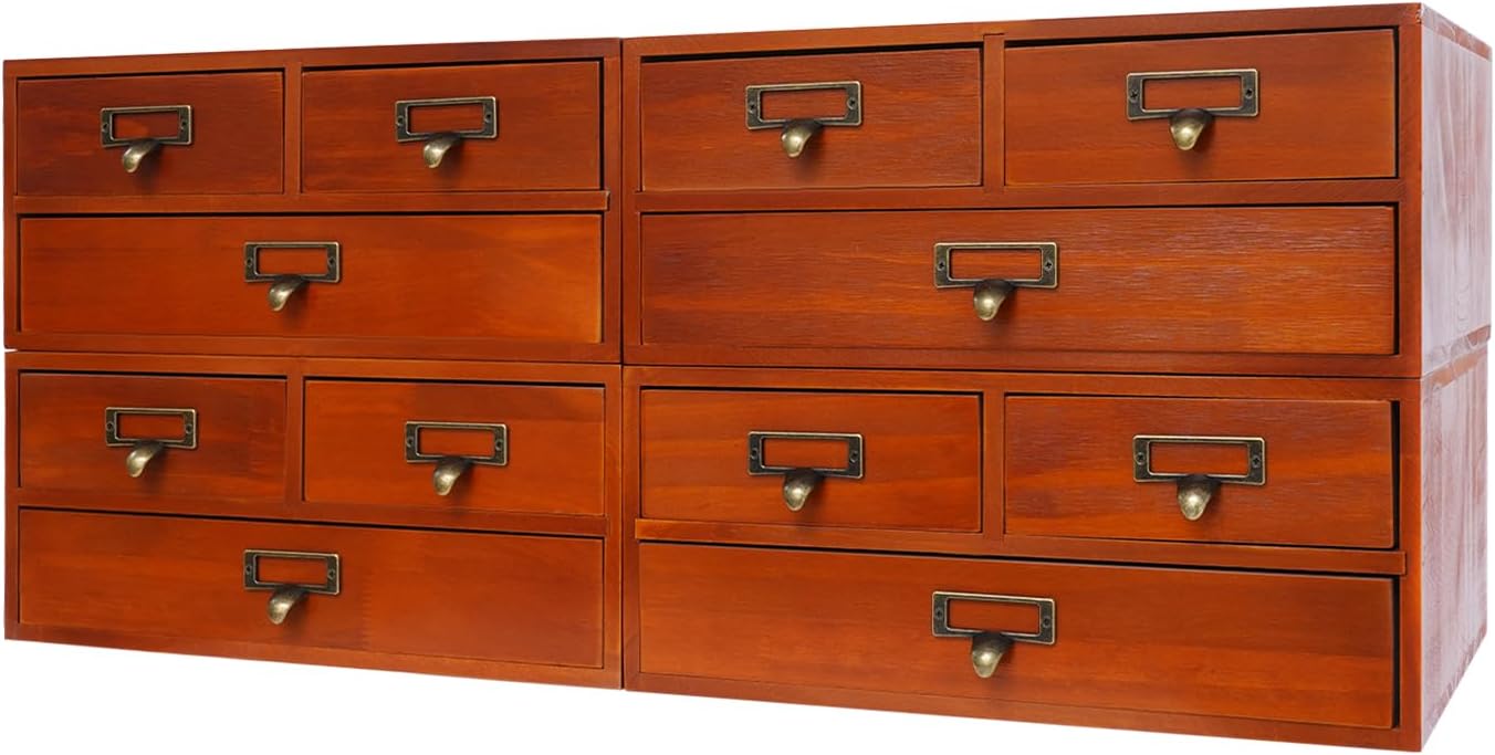 4-Piece Desktop Organizer Set with 3 Drawers, Wood & Metal Drawer Storage, Wooden Desktop Organizer for Store Cosmetics, Jewelry, Letters, Papers, Tea Bags, Sugar Packets (Brown)