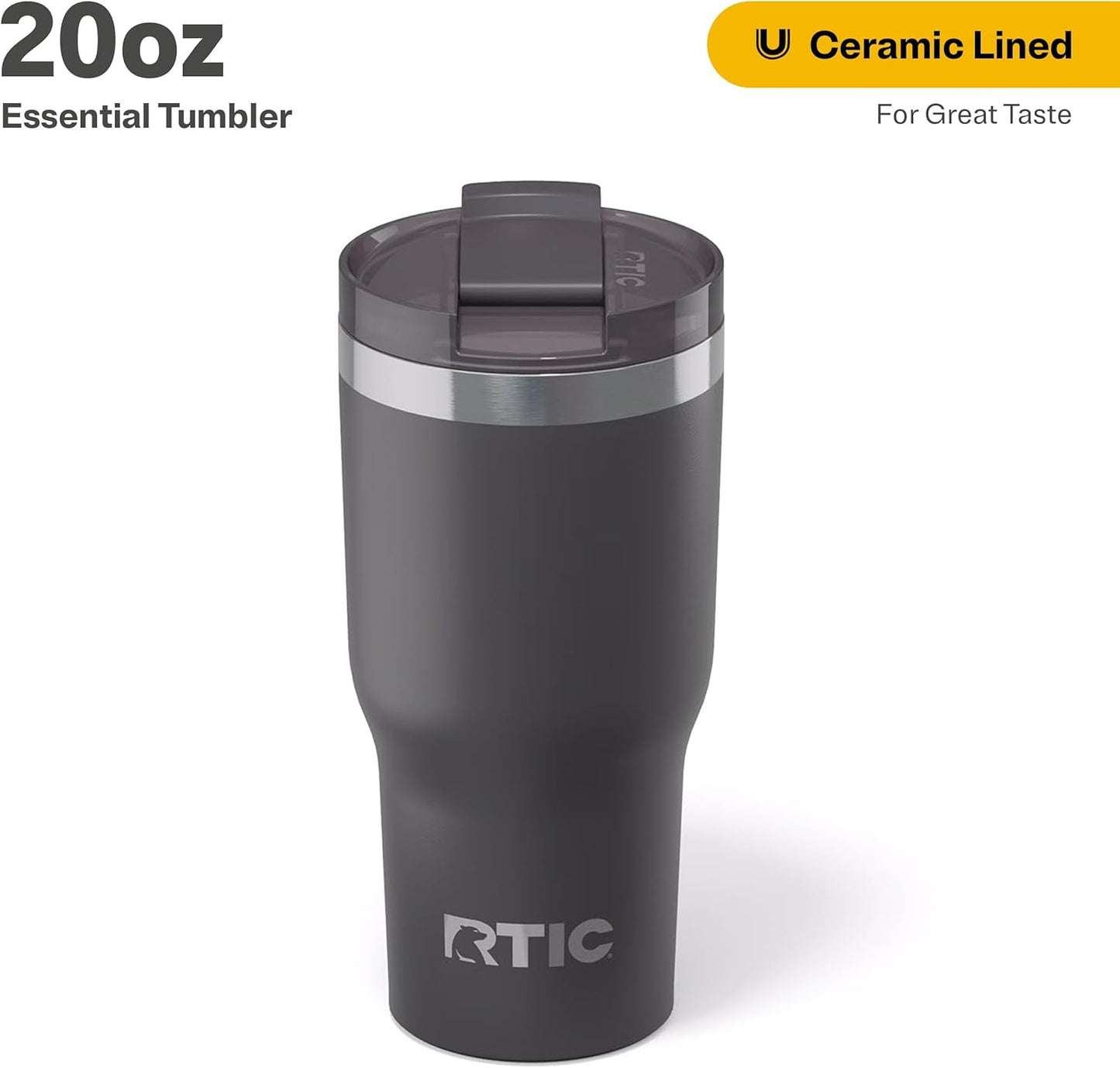 RTIC 20oz Essential Tumbler with Lid, Ceramic Lined, Insulated, Stainless Steel, Metal, Double Wall Vacuum-Insulation, Travel Cup for Iced Coffee, Tea, Hot and Cold Drink, Graphite