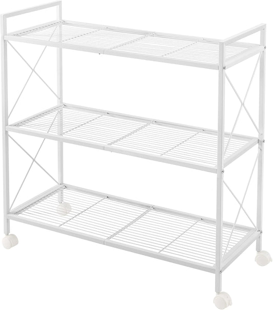 SONGMICS 3-Tier Metal Storage Rack with Wheels, Mesh Shelving Unit with X Side Frames, 31.5-Inch Width, for Entryway, Kitchen, Living Room, Bathroom, Industrial Style, White UBSC183W01