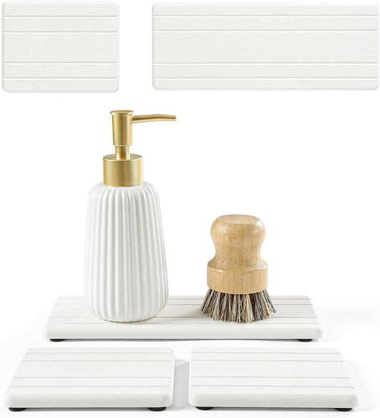 3 Pack Stone Dryin Tray, Water Absorbing Diatomite Stone Sink Mat for Kitchen & Bathroom Counter, Soap Dish Vanity Caddy,Sponge Holder Organizer, White - 2pcs of 4.5"x 3.5" and 1pc of 9"x 3.5"