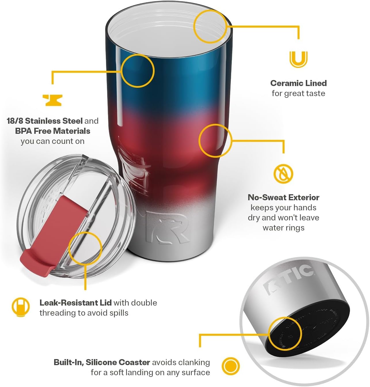 RTIC 30oz Essential Tumbler with Lid, Ceramic Lined, Insulated, Stainless Steel, Metal, Double Wall Vacuum-Insulation, Travel Cup for Iced Coffee, Tea, Hot and Cold Drink, Patriot Metallic