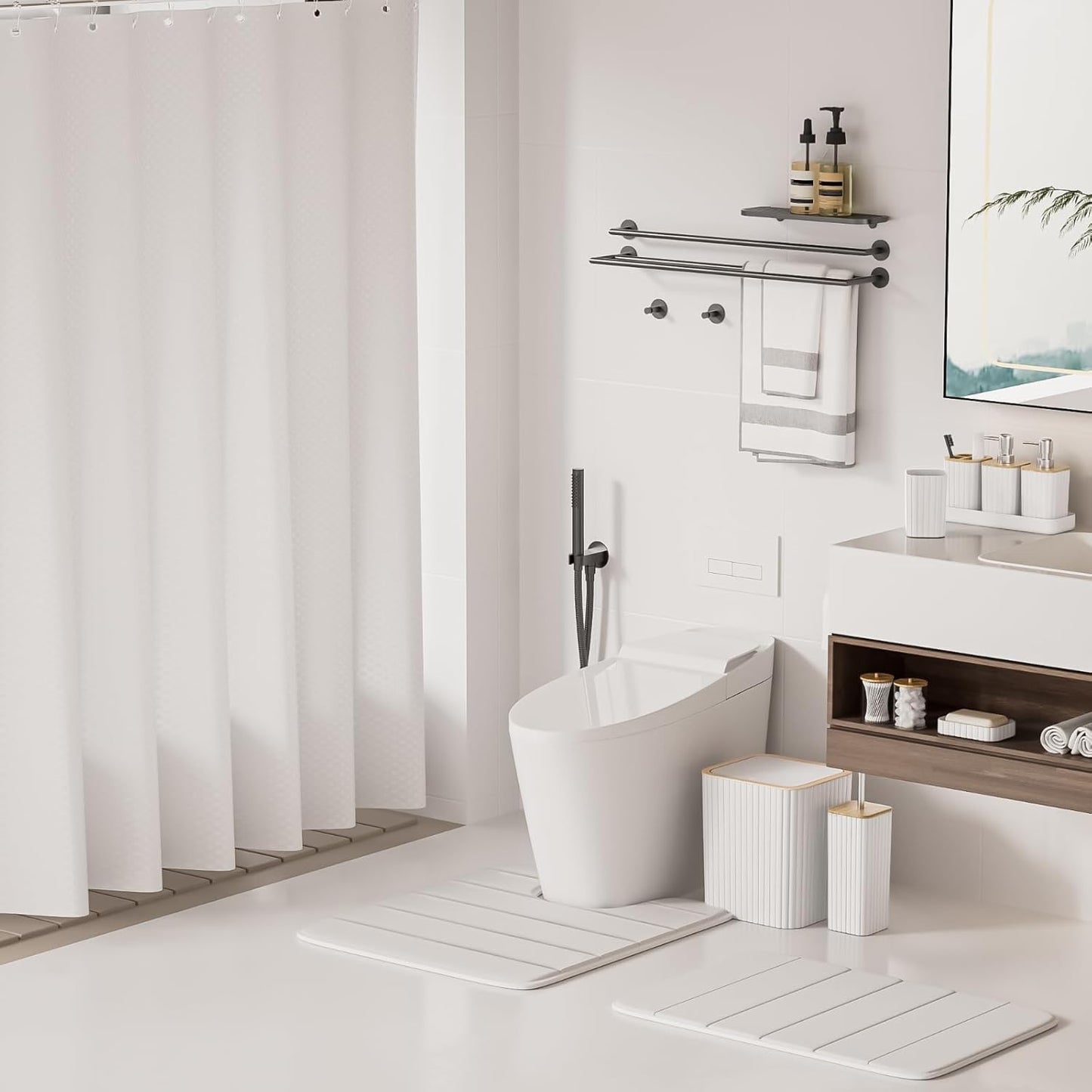 Bathroom Set - 25PC White Bathroom Set with Shower Curtain and Rugs, Bathroom Accessories Set, White Shower Curtain Set with Bathroom Trash Can