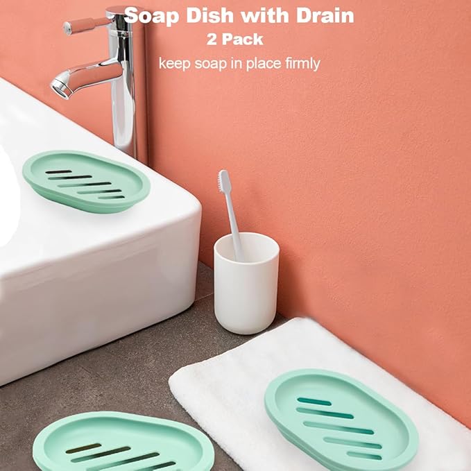 4Pcs Double-Layer Bar Soap Holder for Shower Soap Dish with Drain Soap Saver Box Container Plastic Soap Dish for Bathroom Counter,Kitchen,Toilet (Green)