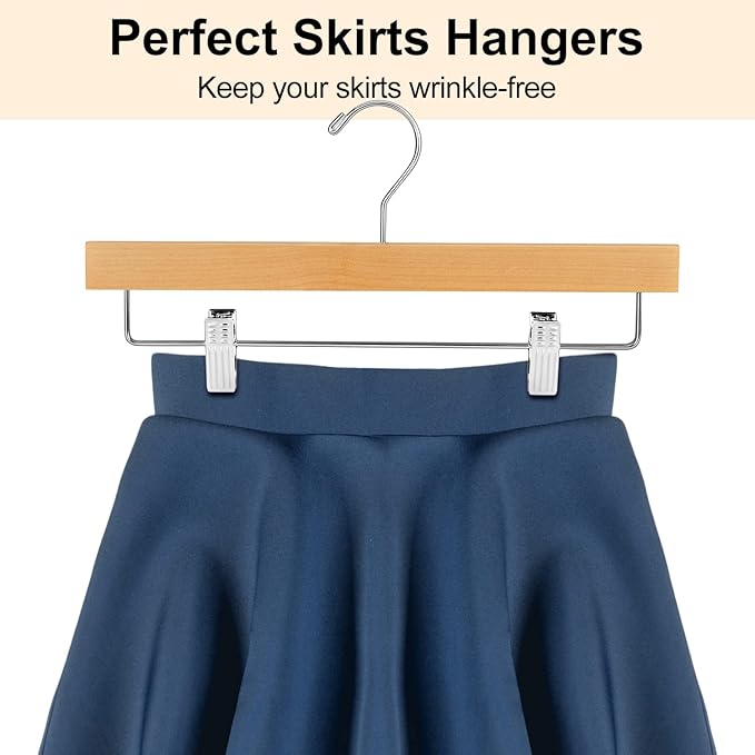 AMKUFO 20pcs Wooden Pants Hangers Solid Pants Hanger with Adjustable Clips 14 Inch Natural Wood Skirt Hangers Trousers Bottom Hanger with Non-Slip Clips and 360° Swivel Hook