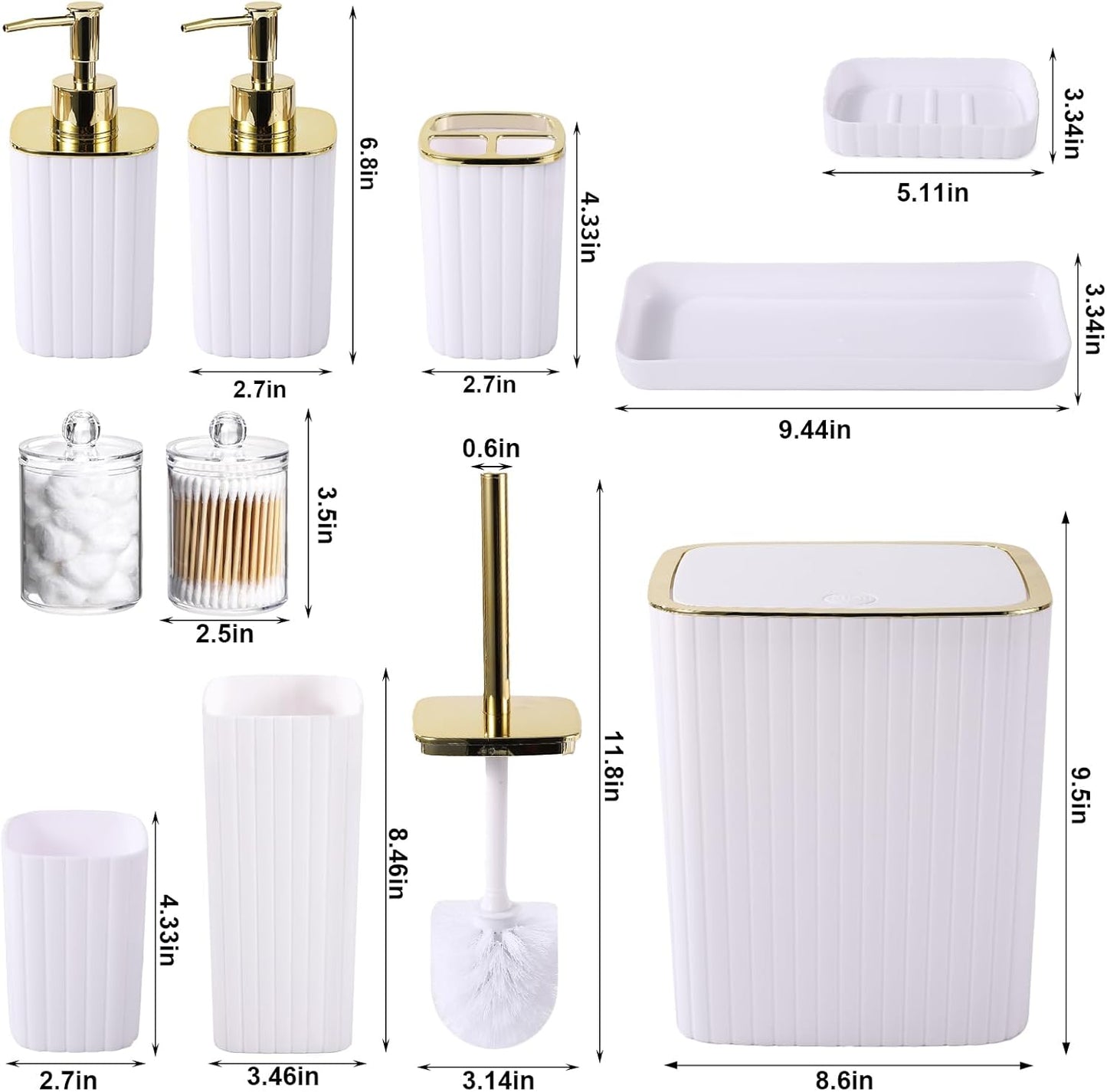 Bathroom Accessories Set - Gorgeous Bathroom Set, 10PC White Bathroom Accessory Set, Toilet Brush, Trash Can, Qtip Holder Dispenser & Soap Dispenser