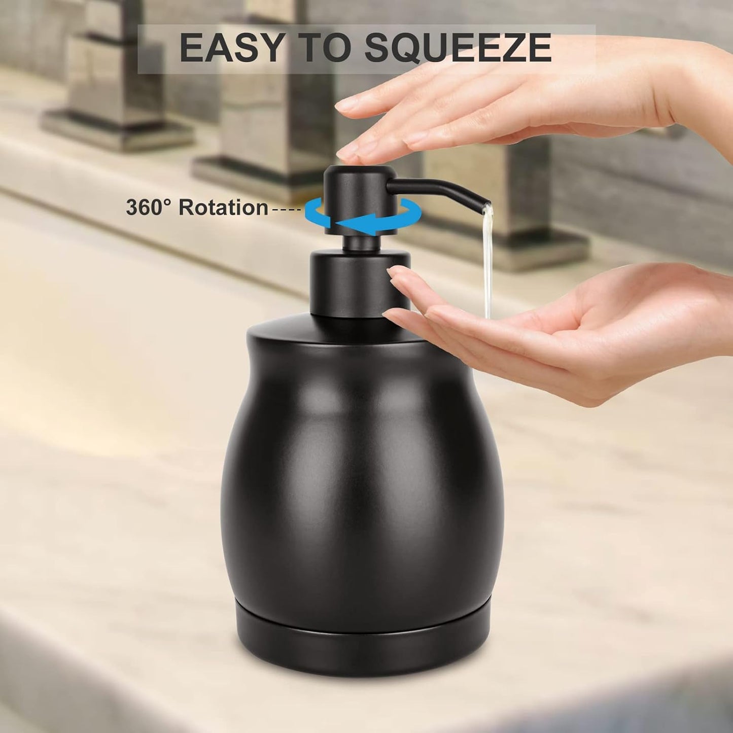 Black Stainless Steel Soap Dispenser, Modern Countertop Liquid & Lotion Dispenser for Kitchen and Bathroom-Rustproof Pump, Easy Refill & Clean-Elegant Home or Commercial Use (Black, 390ml)