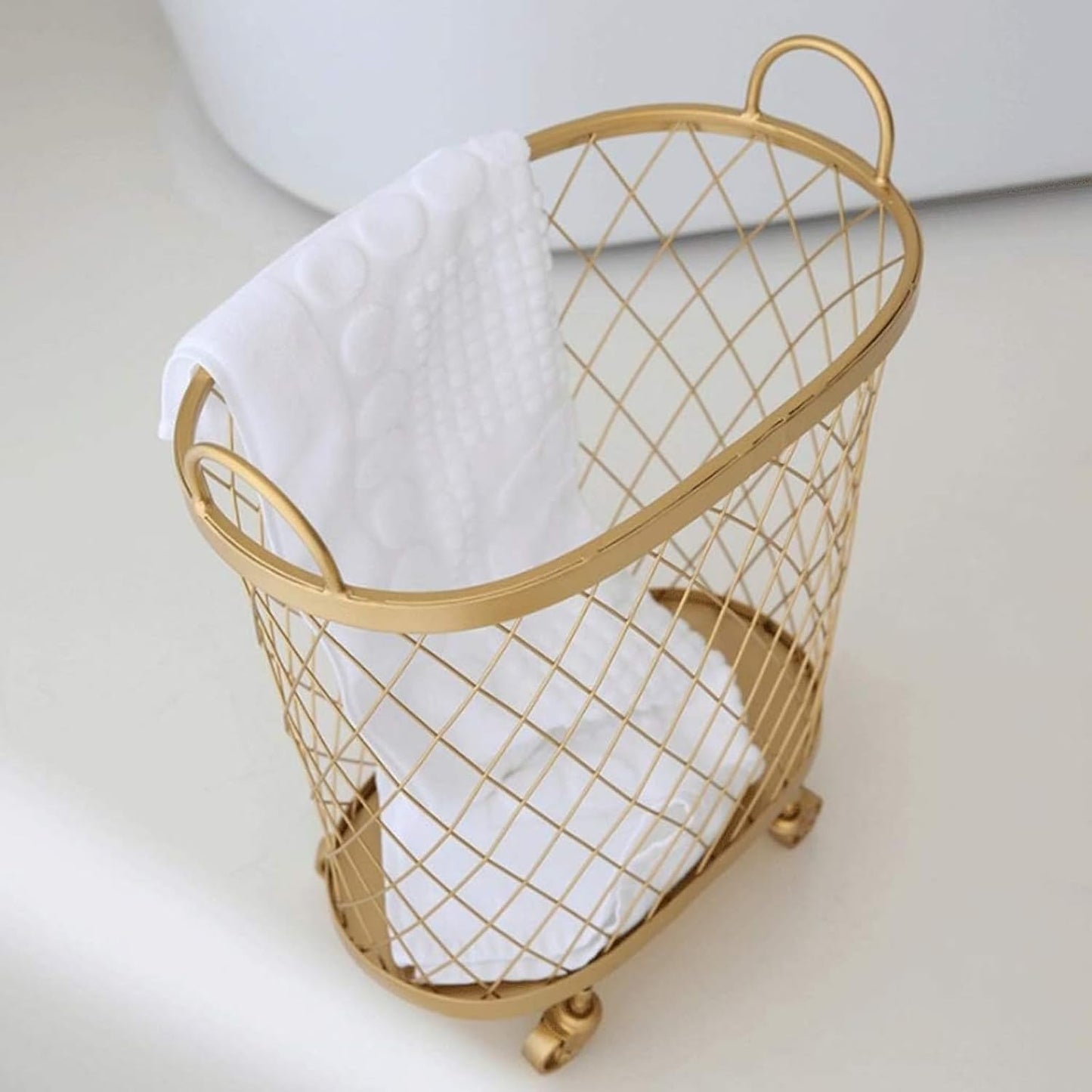 Mesh Rolling Laundry Basket with Wheels Metal Sturdy Aesthetic Gold Bathroom Bedroom Modern Kitchen Storage Basket