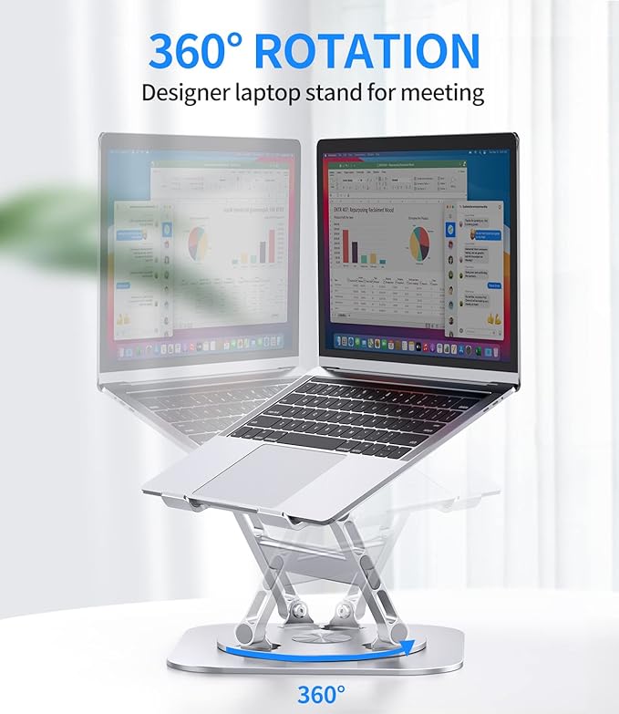 Adjustable Laptop Stand with 360 Rotating Base, Stable Computer Stand for Laptop Ergonimic Foldable Laptop Riser for Desk Compatible with MacBook Pro/Air Notebook up to 16 Inches, Silver