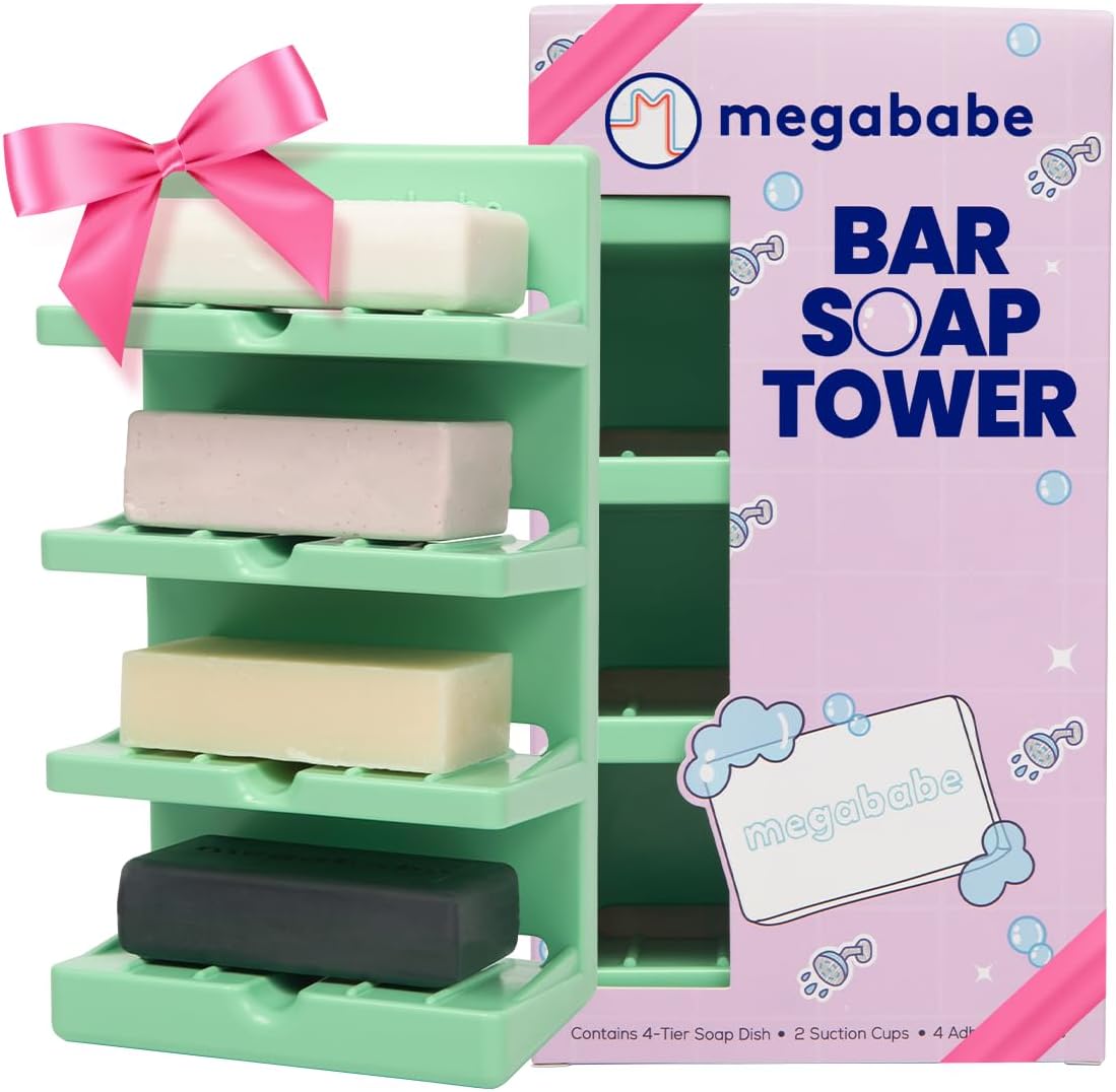 Megababe 4-Tier Bar Soap Tower | Holds 4 Bars | Suctions or Sticks | Self-Draining