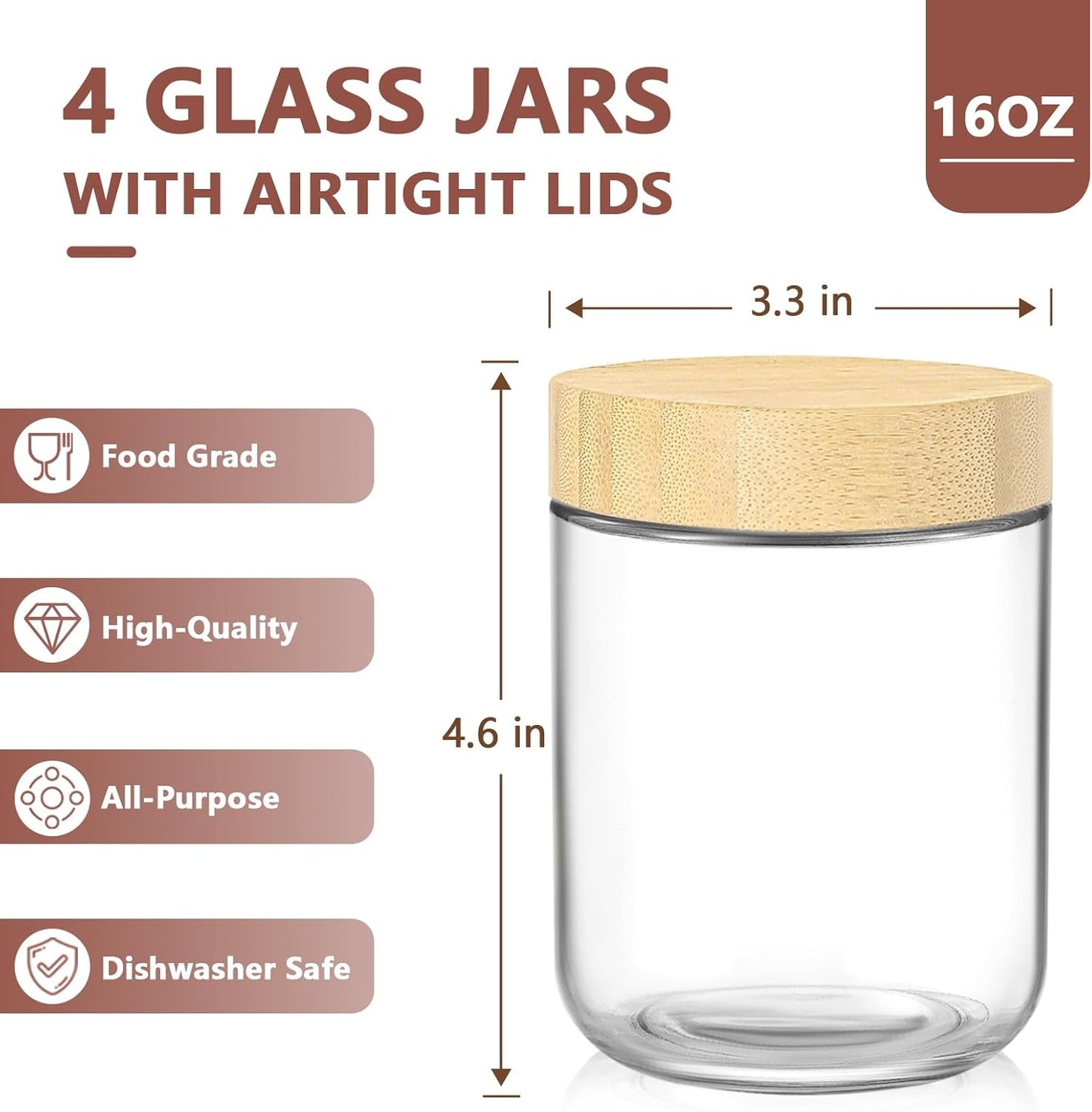 DRKIO 16 Oz Overnight Oats Containers with Bamboo Lids - 4 Pack Glass Storage Jars with Airtight Lids Wide Mouth Mason Food Jars Great for Meal Prep Salad Chia Pudding Snacks Yogurt Sugar Spice Cereal
