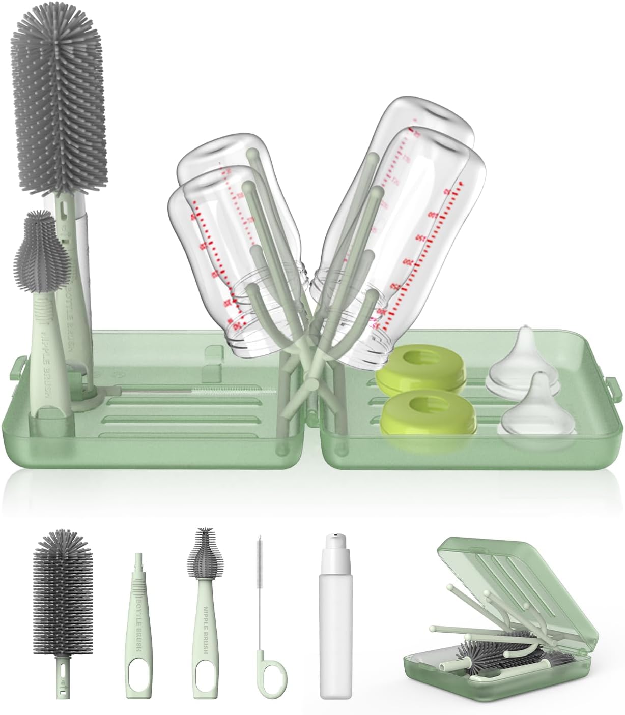 YOTIME Travel Bottle Brush Set, Auto-Open Rack & Vertical Brushs Drying Slots, 3 Brushes, Foldable Drying Rack, Dispenser, Travel Baby Essentials for On-The-Go Parents, Green