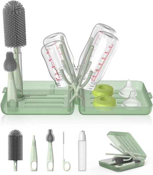 YOTIME Travel Bottle Brush Set, Auto-Open Rack & Vertical Brushs Drying Slots, 3 Brushes, Foldable Drying Rack, Dispenser, Travel Baby Essentials for On-The-Go Parents, Green